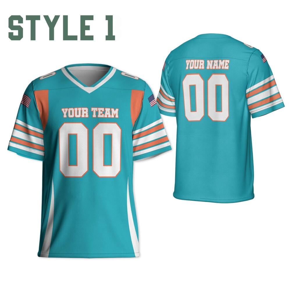 Personalized Team Dolphins Football Jersey Teal and white jersey ,Game Day Free Style Shirt, V-neck Mesh Jersey For Men Mesh Polyester