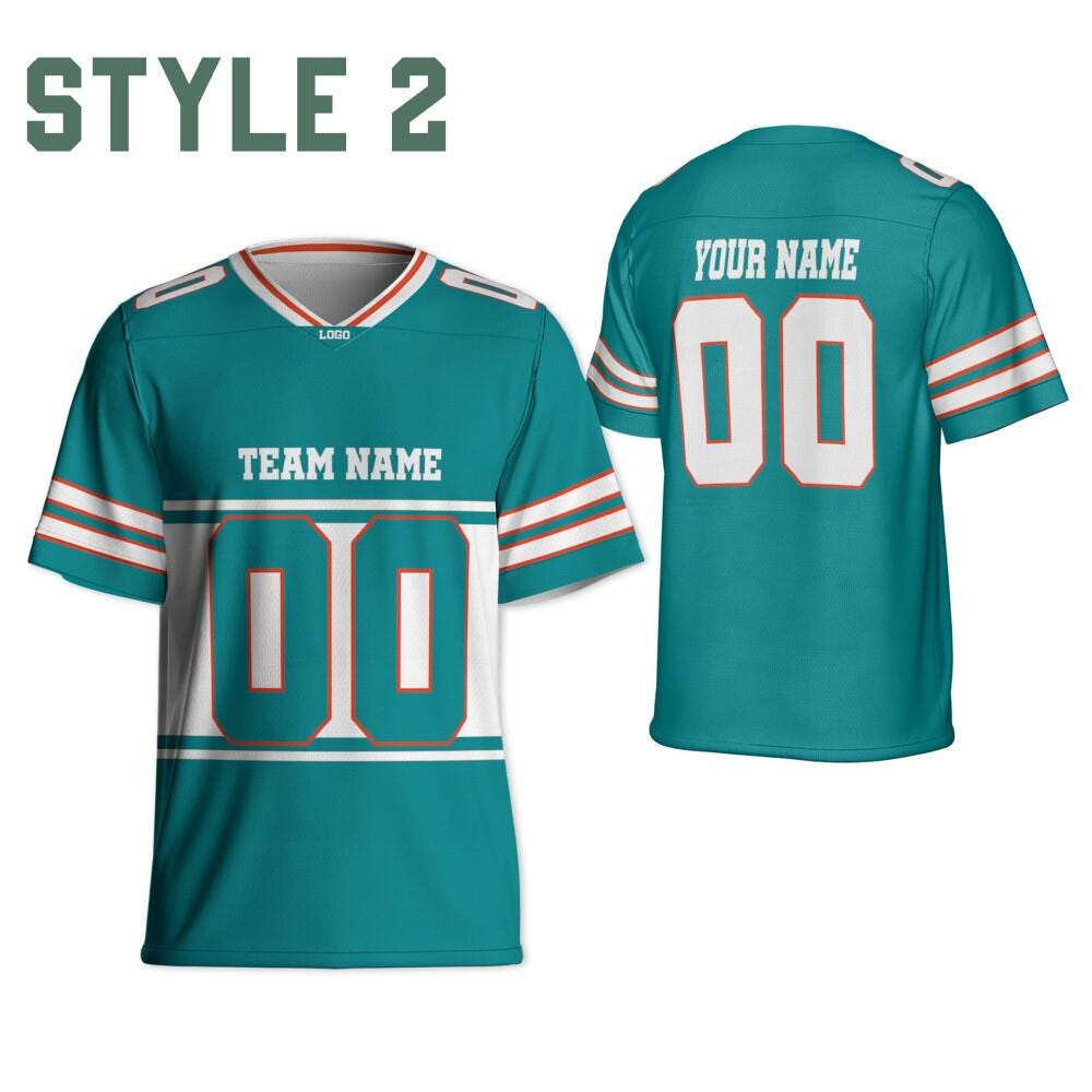 Personalized Team Dolphins Football Jersey Teal and white jersey ,Game Day Free Style Shirt, V-neck Mesh Jersey For Men Mesh Polyester