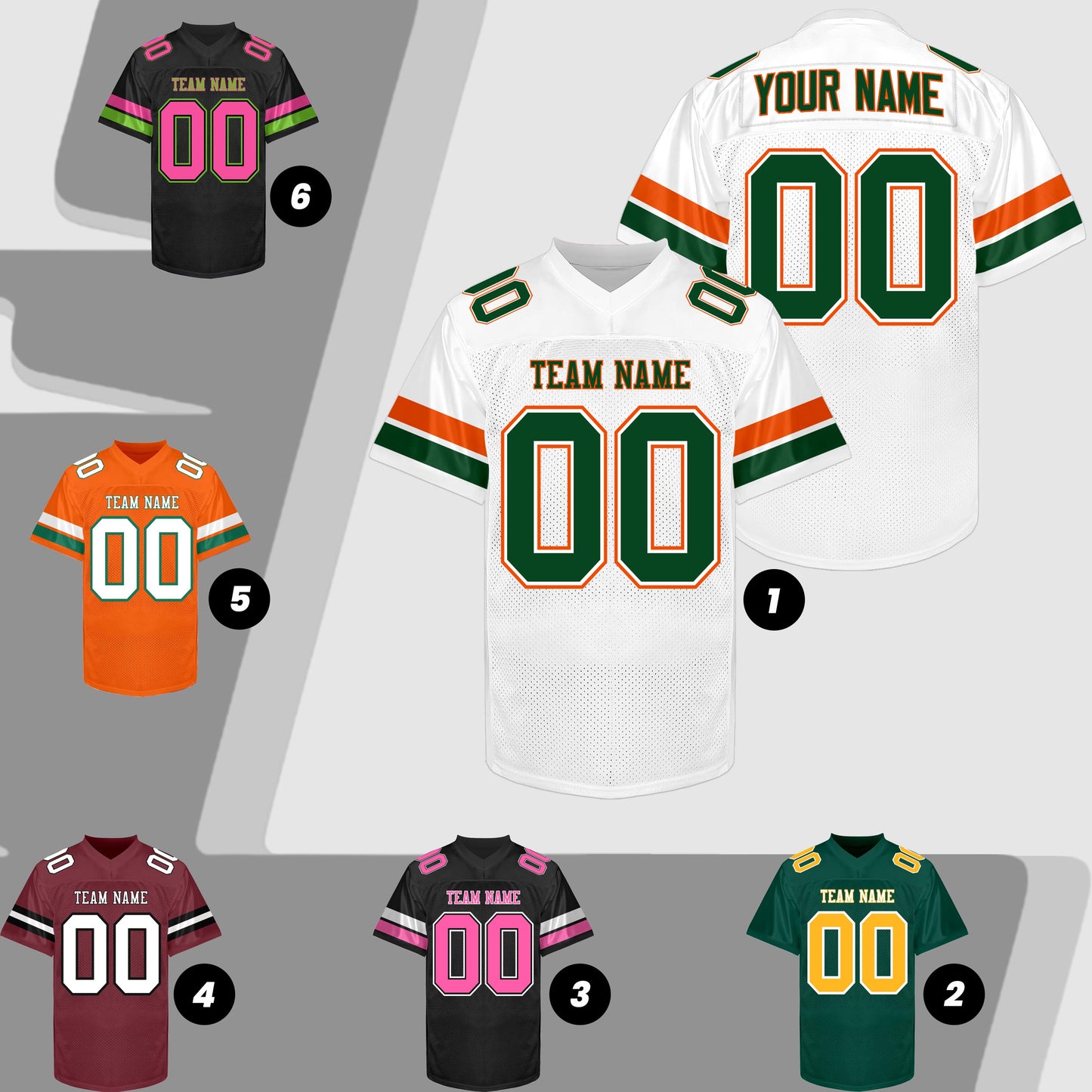 Custom White  Football Jersey Men Women Youth Kid, Green Orange Football Shirt Printed Name Number and Logo, Practice Football Uniform