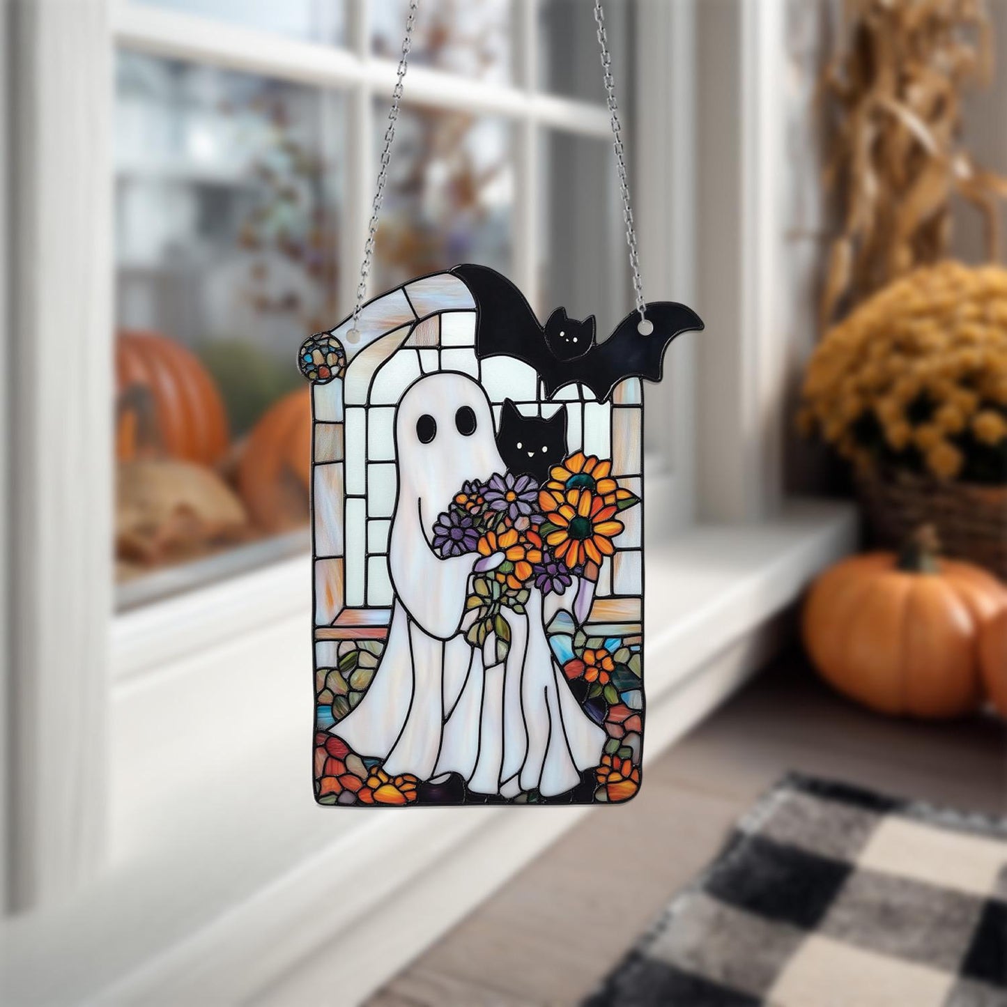 Ghost Cat Window Hanging, Halloween Acrylic Decor with Bat and Flowers, Cute Spooky Window Ornament for Fall Gothic Home Decoration