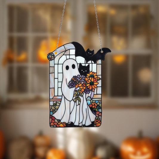 Ghost Cat Window Hanging, Halloween Acrylic Decor with Bat and Flowers, Cute Spooky Window Ornament for Fall Gothic Home Decoration
