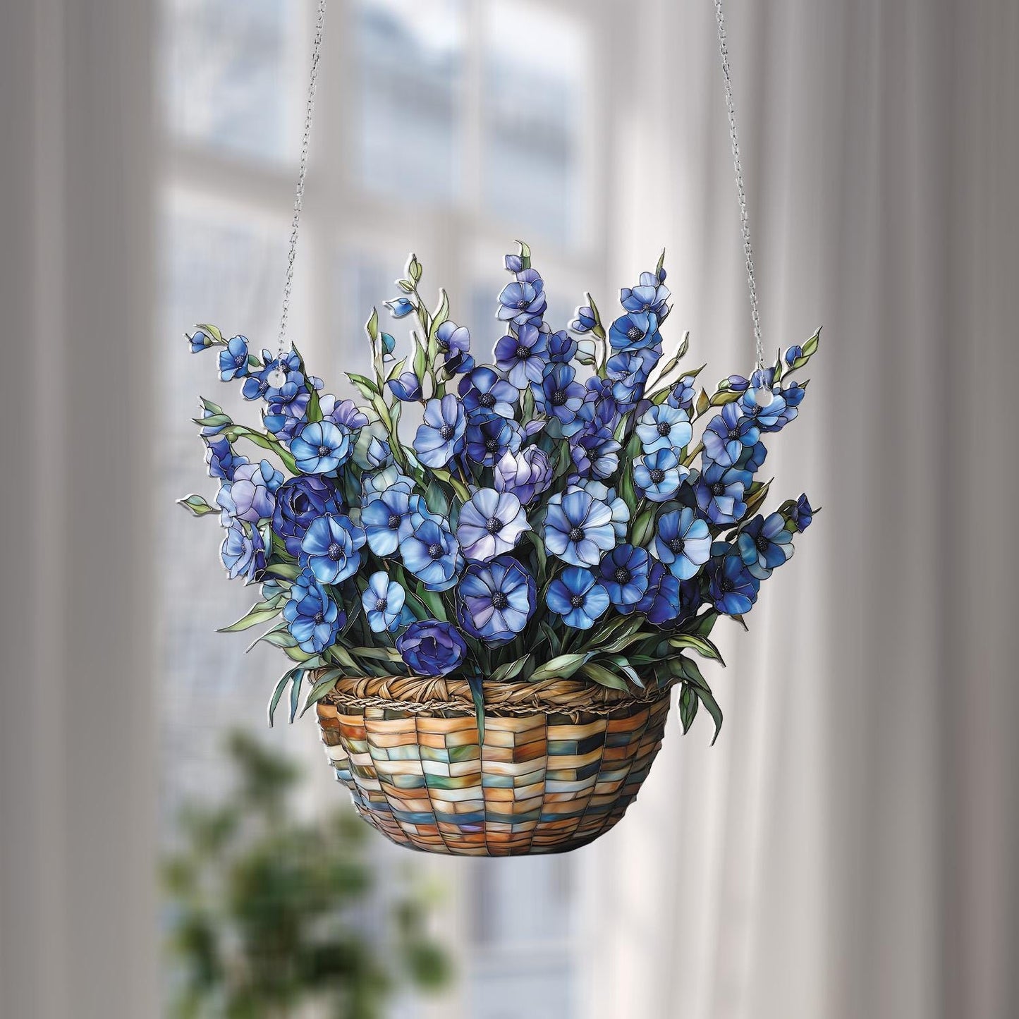 Blue Floral Window Hanging – Elegant Basket Flower Window Decoration, Unique Hanging Art for Home, Living Room, Bedroom & Gift