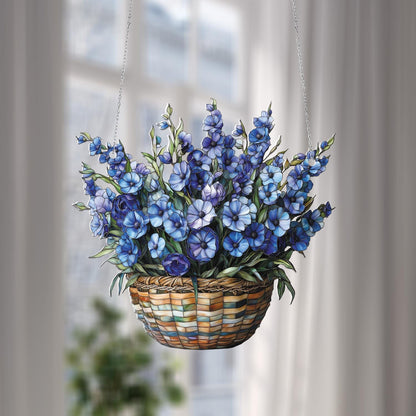 Blue Floral Window Hanging – Elegant Basket Flower Window Decoration, Unique Hanging Art for Home, Living Room, Bedroom & Gift