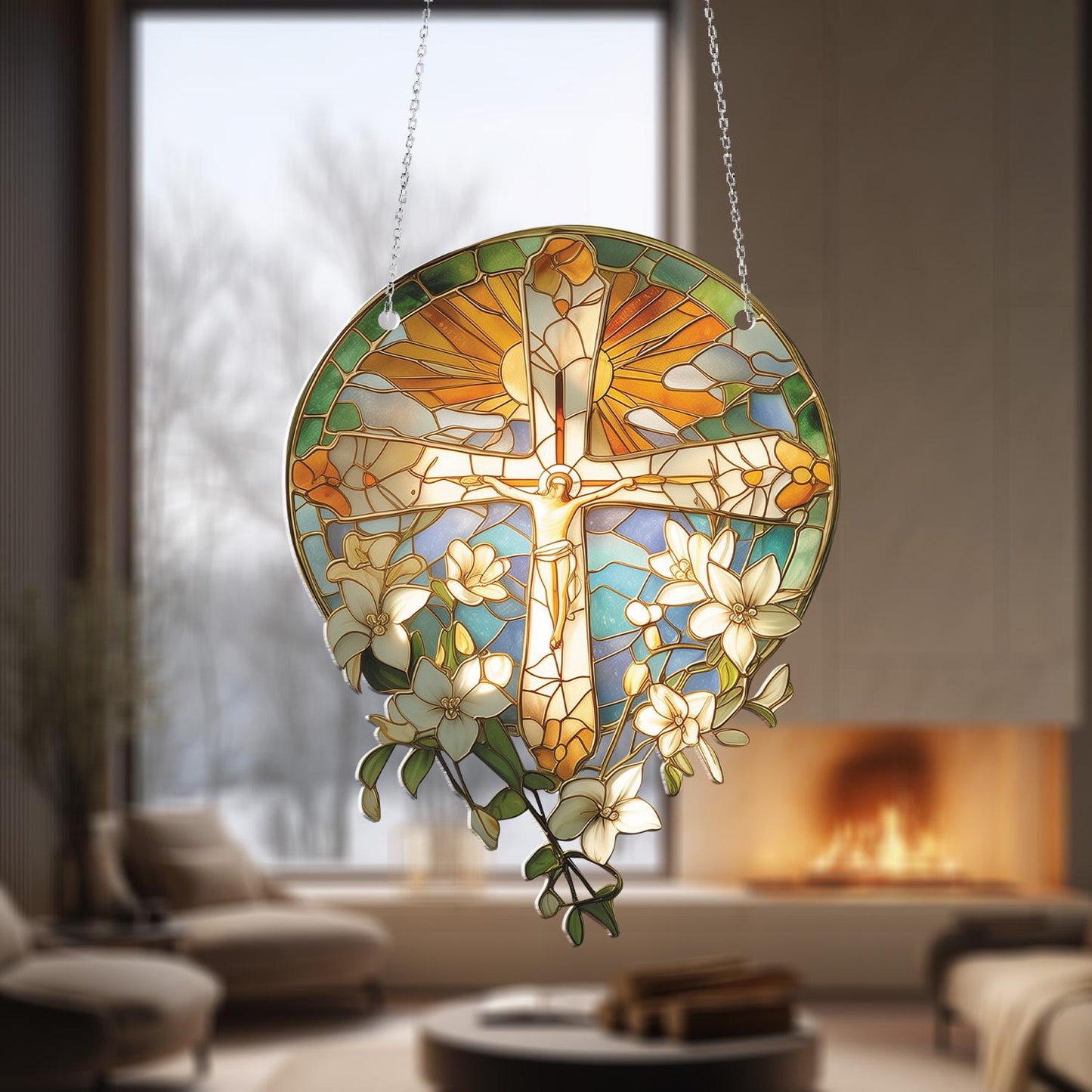 Christian Cross Window Hanging – Religious Floral Window Decoration, Inspirational Hanging Art for Home, Church, Prayer Room & Gift