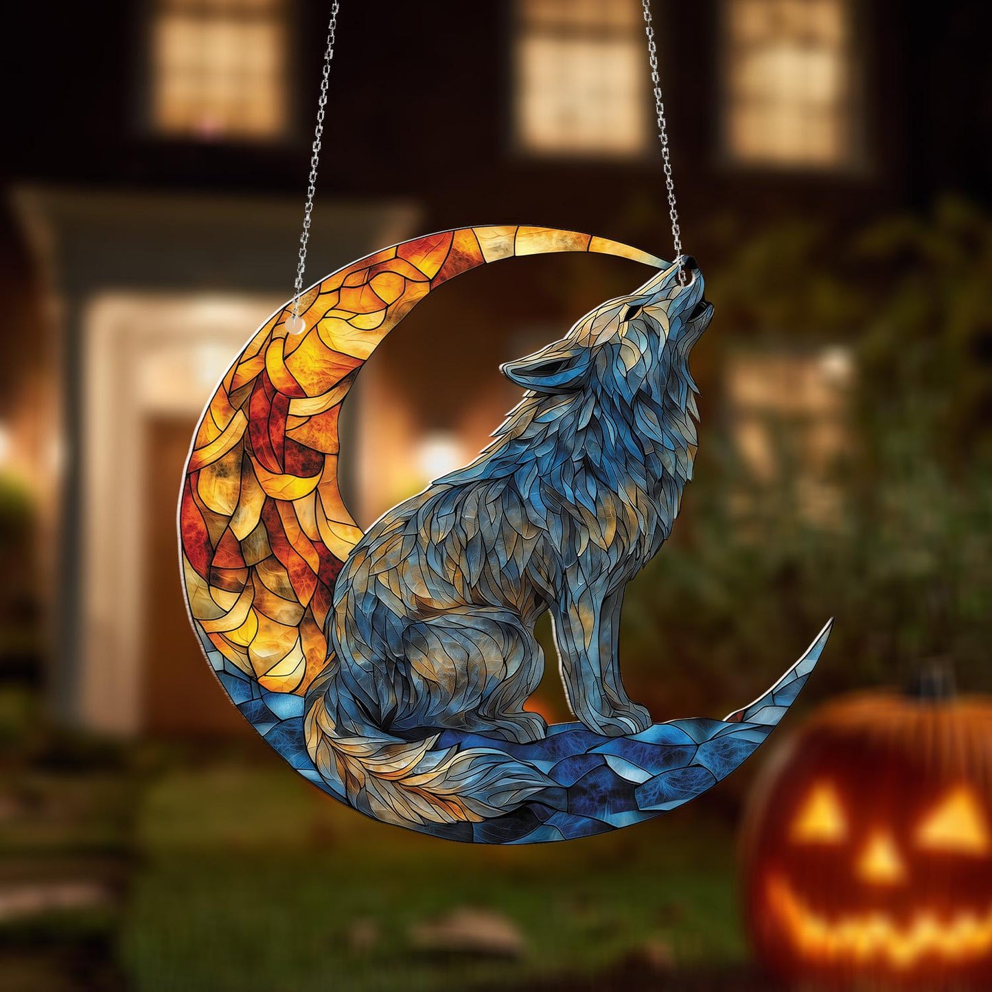 Wolf Moon Window Hanging – Unique Howling Wolf Decoration, Boho Animal Hanging Art for Bedroom, Living Room, Cabin, Lodge and Gift