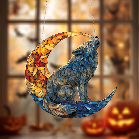 Wolf Moon Window Hanging – Unique Howling Wolf Decoration, Boho Animal Hanging Art for Bedroom, Living Room, Cabin, Lodge and Gift