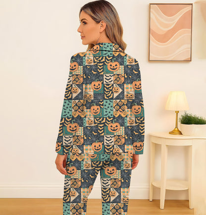 Halloween Pumpkin Patchwork Pajamas Set, Pumpkin Bat Sleepwear, Halloween Pattern Homewear, Spooky Season Gift