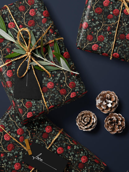 Rose Wrapping Paper Dark Floral Gift Wrap Gothic Party Decor Moody Floral Wrapping Paper Birthday Present Gift Idea Elegant Gifting Paper