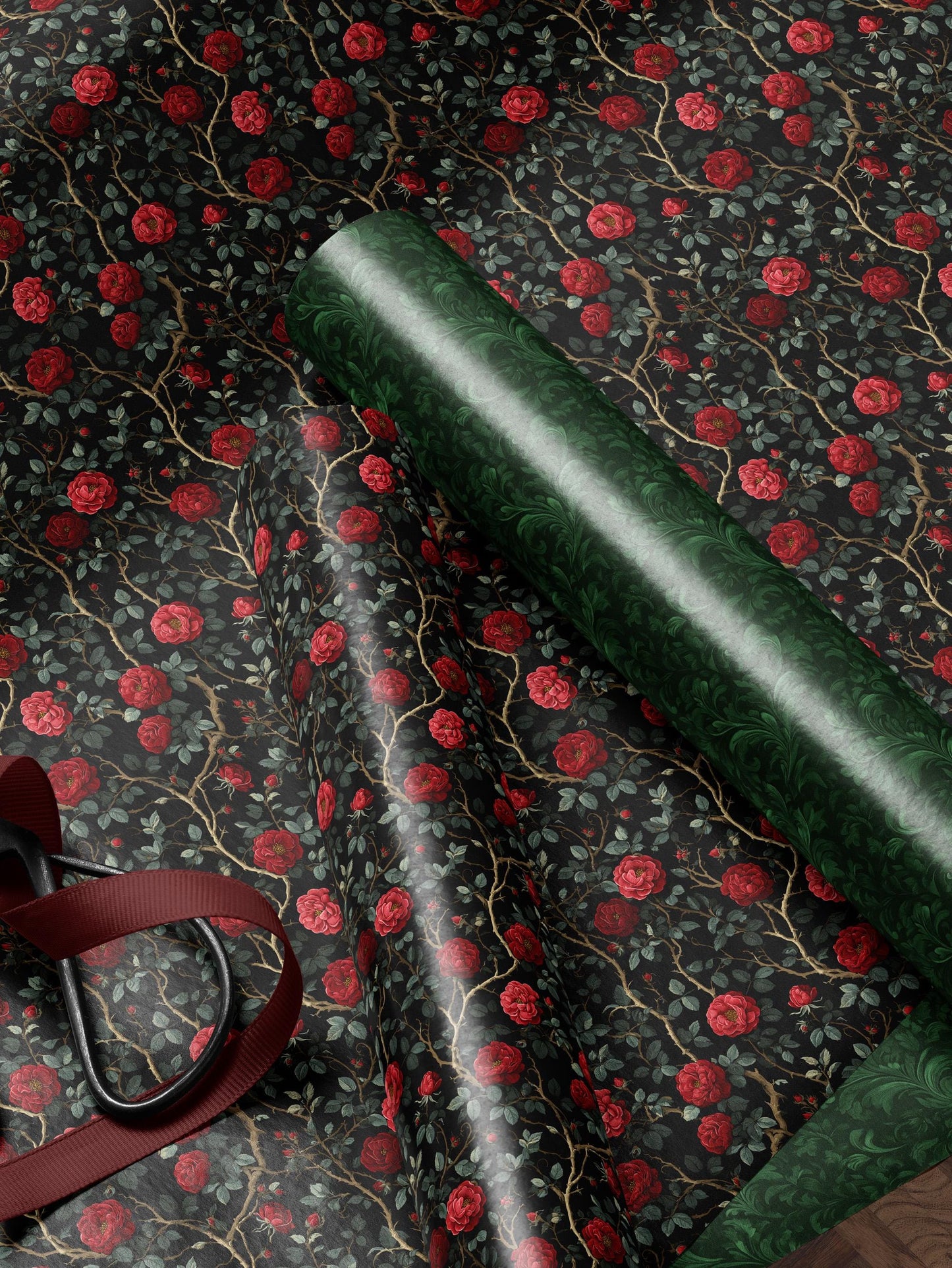 Dark Floral Wrapping Paper Rose Gift Wrap Botanical Flower Print Wedding Gift Wrapping Paper Roll Moody Flower Art Romantic Gift for Her