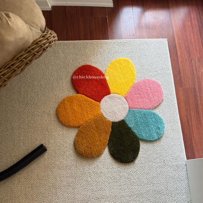 Black White  Flower Tufted Rug -  Boho Home Decor Tufting - Retro Style Aesthetic Handmade Tufted Rugs