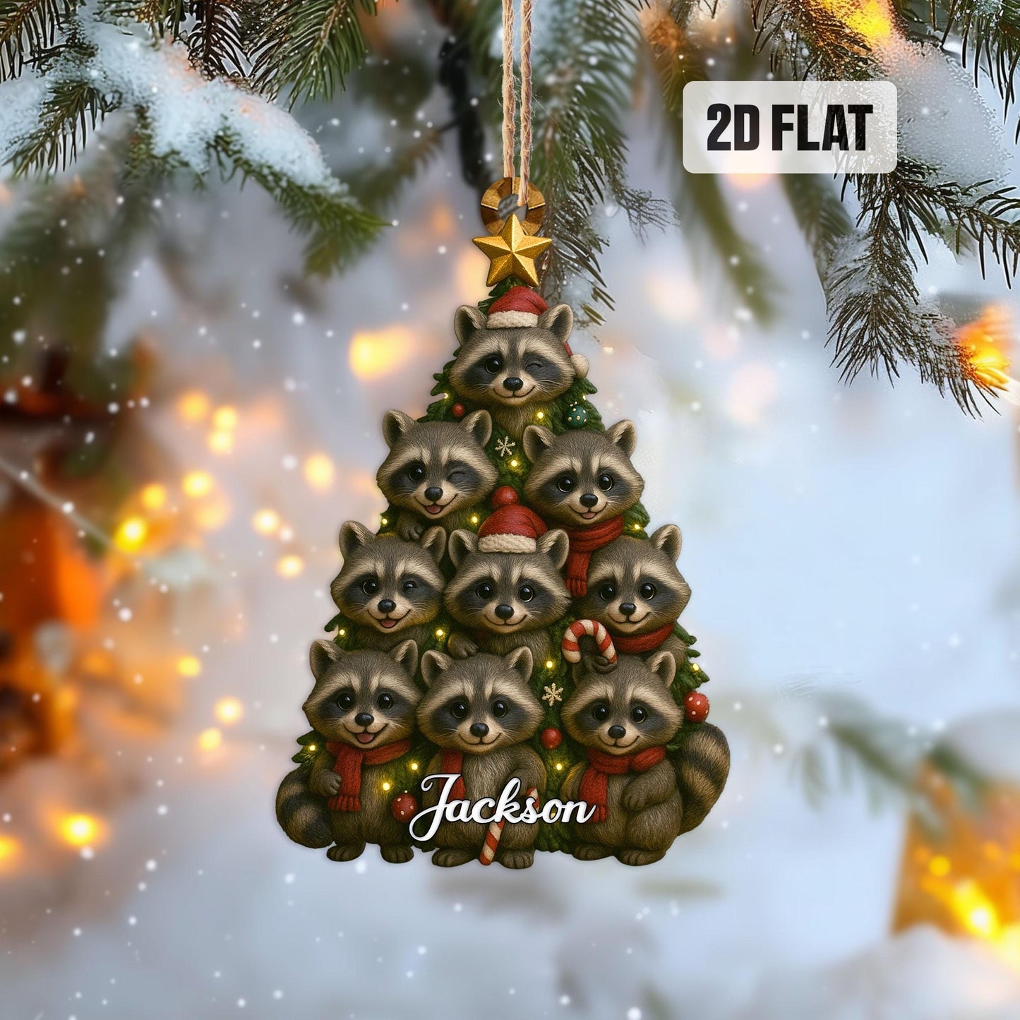 Personalized Racoon 2D Flat Ornament, Racoon Rearview Mirror Car Accessories, Racoon Christmas Tree Ornament, Christmas Racoon Lover Gifts