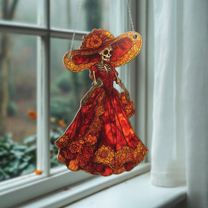 Decorative Skeleton Lady Hanging Ornament, Gothic Red Dress Window Decor, Halloween Dia De Los Muertos Home Decoration, Halloween Decor