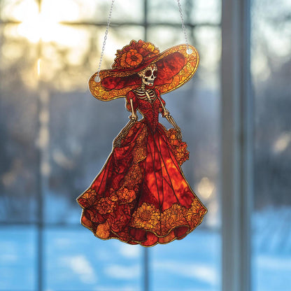 Decorative Skeleton Lady Hanging Ornament, Gothic Red Dress Window Decor, Halloween Dia De Los Muertos Home Decoration, Halloween Decor