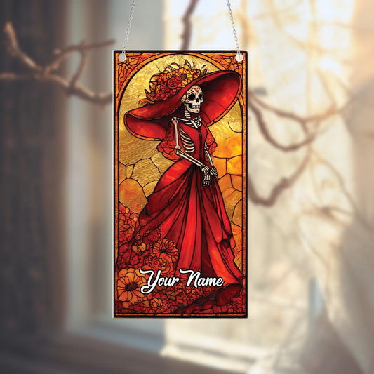 Personalized Skeleton Lady Hanging Decor, Gothic Red Dress Window Ornament, Custom Name Halloween Dia De Los Muertos Gift, halloween decor