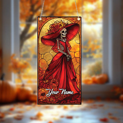 Personalized Skeleton Lady Hanging Decor, Gothic Red Dress Window Ornament, Custom Name Halloween Dia De Los Muertos Gift, halloween decor