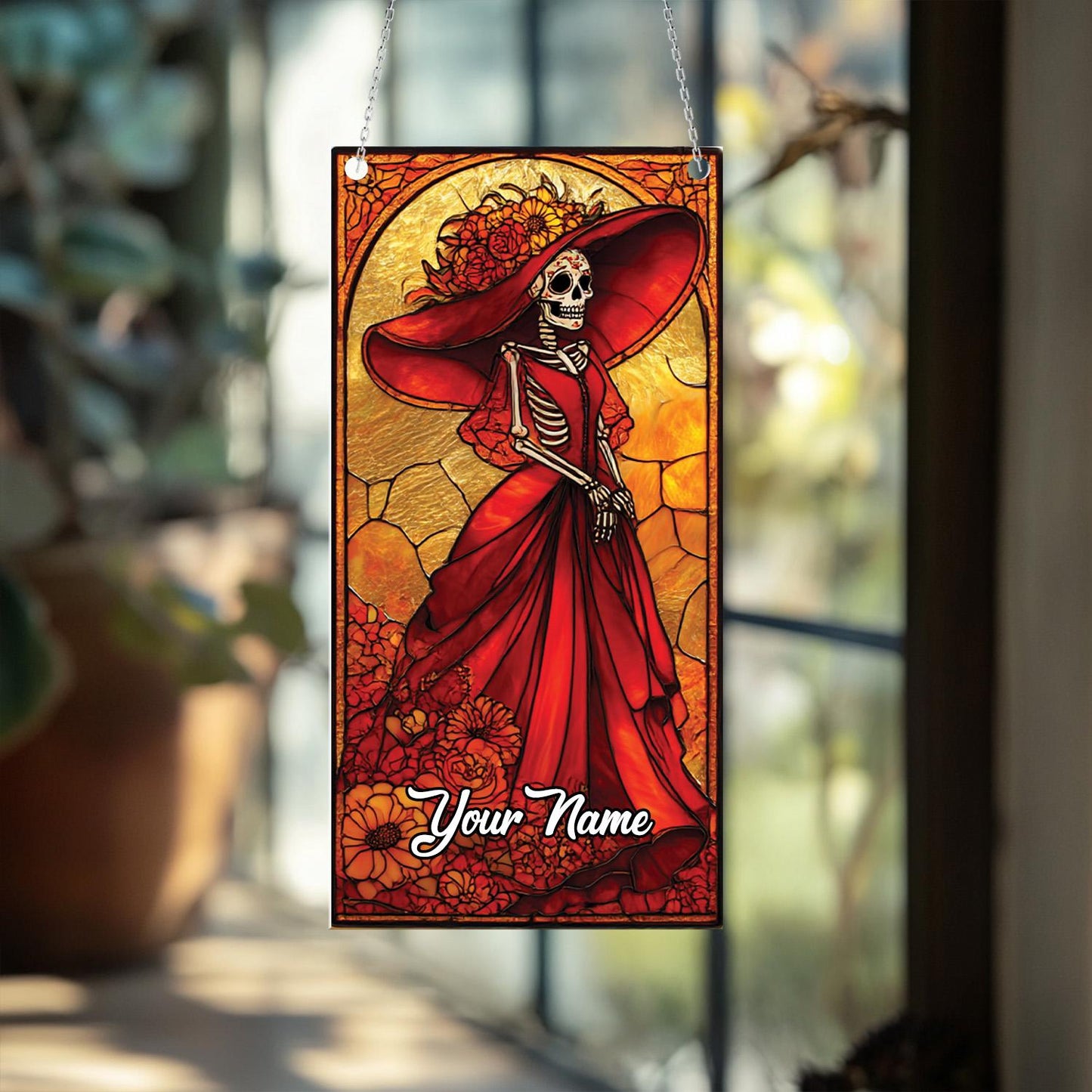 Personalized Skeleton Lady Hanging Decor, Gothic Red Dress Window Ornament, Custom Name Halloween Dia De Los Muertos Gift, halloween decor