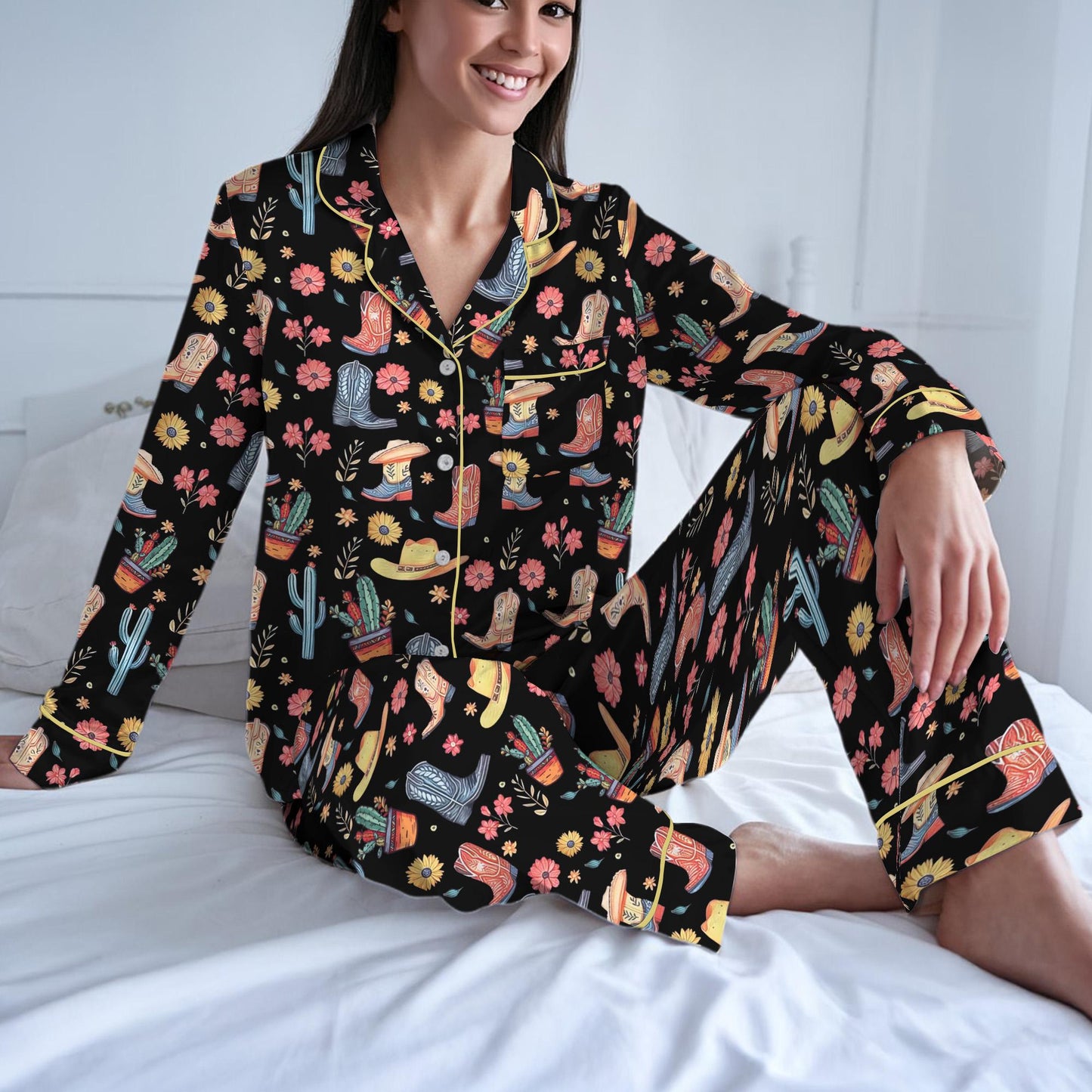 Western Boots Pajama Set, Rodeo Sleepwear, Southwestern Cactus Loungewear Set, Country Boots  Pajamas, Cowboy Boots Pjs, Western Floral