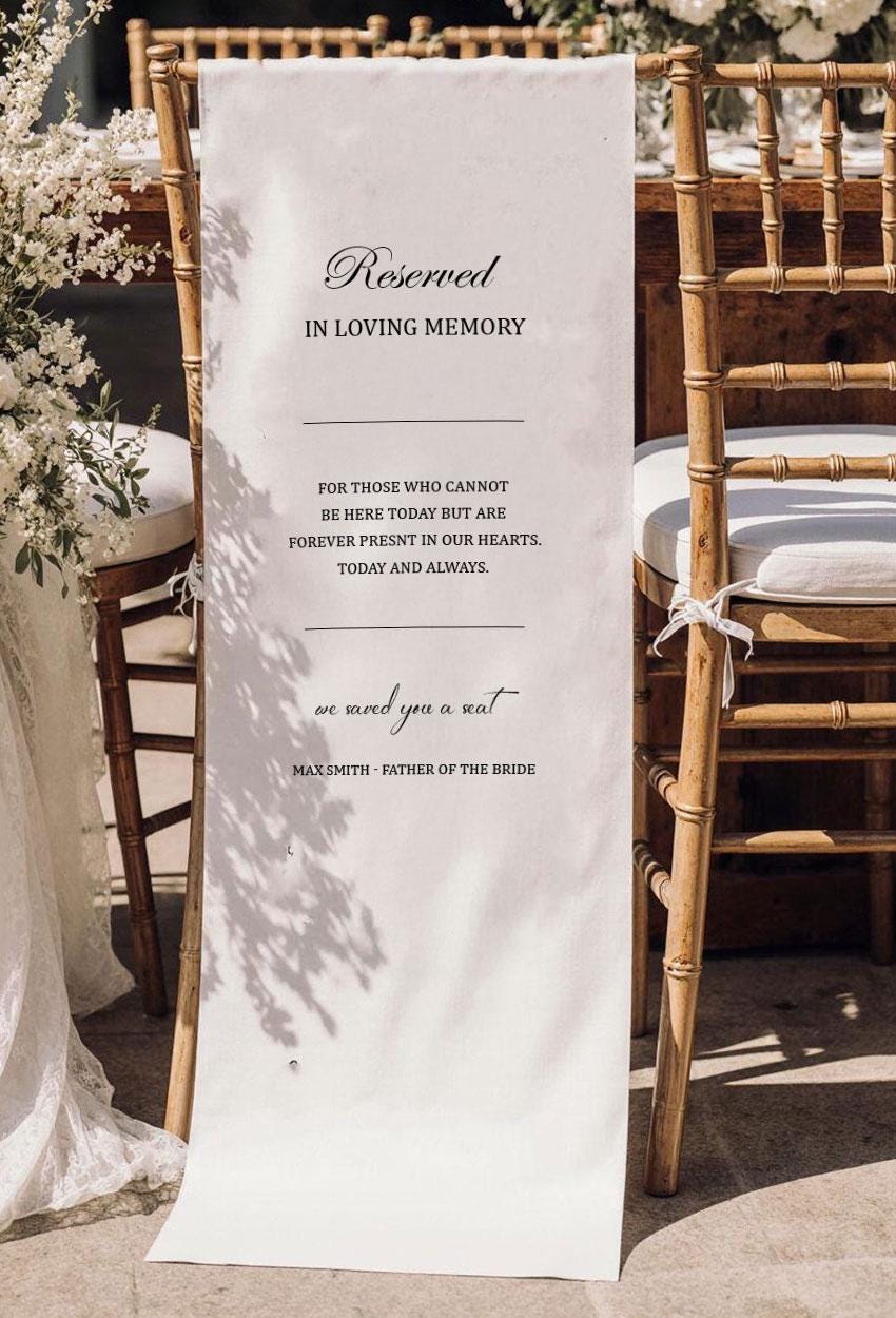 Reserved in Loving Memory Wedding Chair Sign, Father of the Bride Memorial Banner, Personalized Remembrance Seat Sign, Wedding Decor