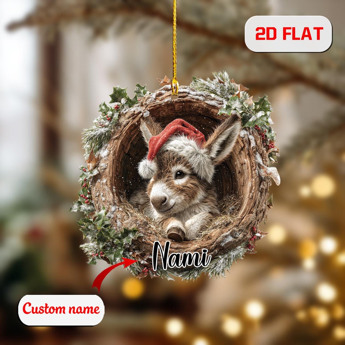 Custom 2D Donkey Ornament – Personalized Baby Donkey in Christmas Wreath Acrylic Decoration, Cute Animal Lover Gift, Holiday Farm Keepsake