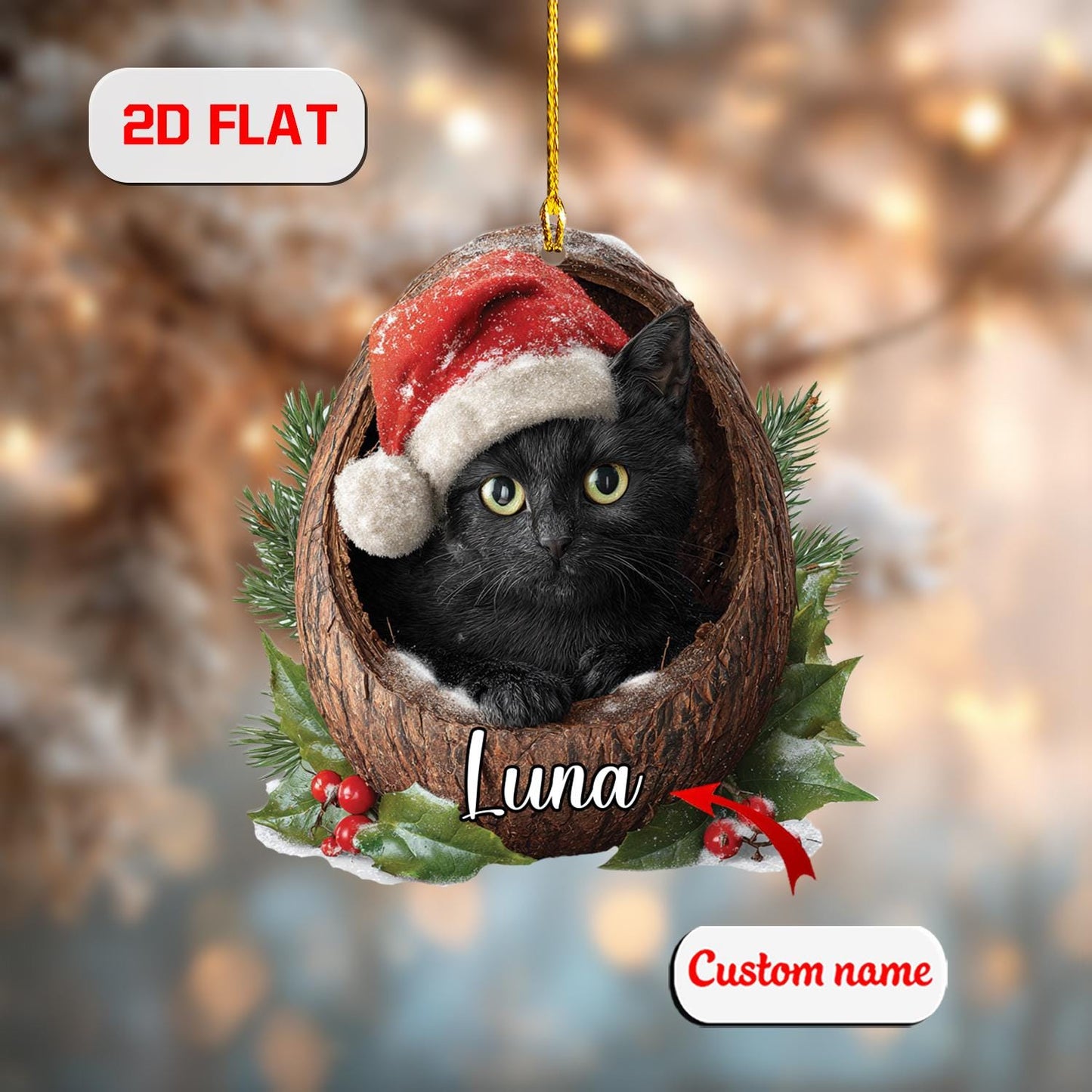 Custom 2D Cat Ornament – Personalized Black Kitten in Christmas Nest Acrylic Decoration, Cute Pet Lover Gift, Unique Holiday Keepsake 2025