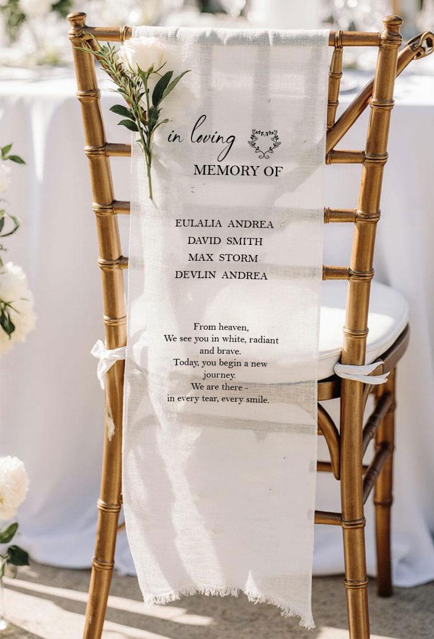 In Loving Memory Wedding Chair Sign, Personalized Memorial Banner with Names, Reserved Seat Remembrance, Custom Wedding Decor Sign