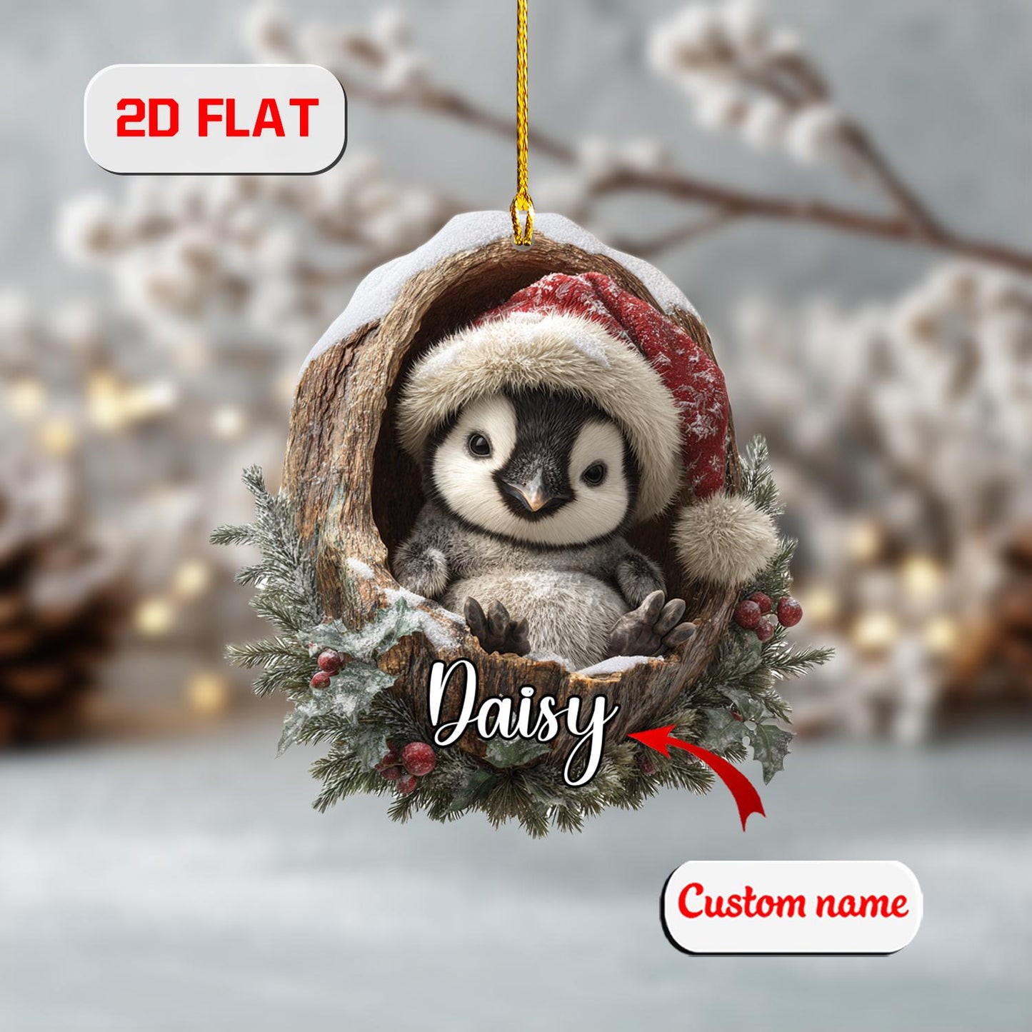 Custom 2D Penguin Ornament,Personalized Baby Penguin in Christmas Wreath Acrylic Decoration, Cute Animal Lover Gift, Winter Holiday Keepsake