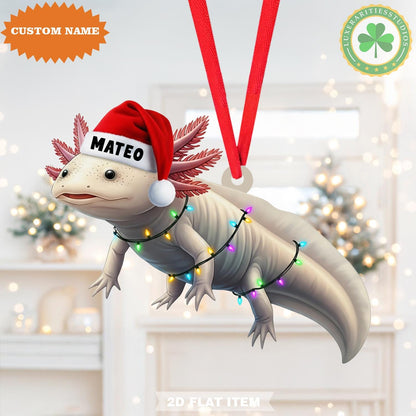 Custom Name Axolotl With Christmas Lights Ornament, Xmas Tree Decor, 2D Flat Ornament, Axolotl Lover Gift, Christmas Gift