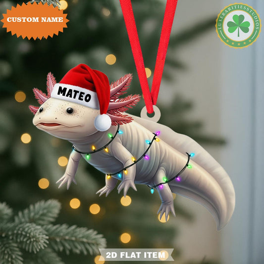 Custom Name Axolotl With Christmas Lights Ornament, Xmas Tree Decor, 2D Flat Ornament, Axolotl Lover Gift, Christmas Gift