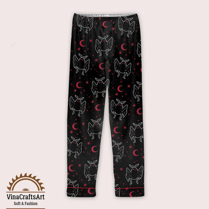 Gothic Pajamas Set, Dark Angel Moon Print Sleepwear, Occult Inspired Black Red Pajamas Set, Spooky Cute Loungewear Short & Long for Women
