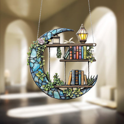 Crescent Moon Bookshelf Window Hanging Decoration with Lantern and Green Vines, Whimsical Home Décor Accent for Magical Reading Lovers