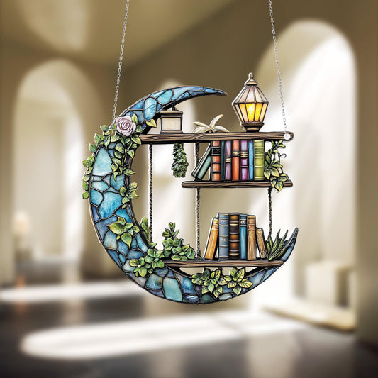 Crescent Moon Bookshelf Window Hanging Decoration with Lantern and Green Vines, Whimsical Home Décor Accent for Magical Reading Lovers