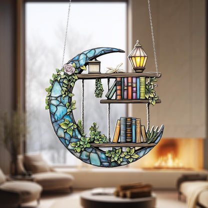 Crescent Moon Bookshelf Window Hanging Decoration with Lantern and Green Vines, Whimsical Home Décor Accent for Magical Reading Lovers