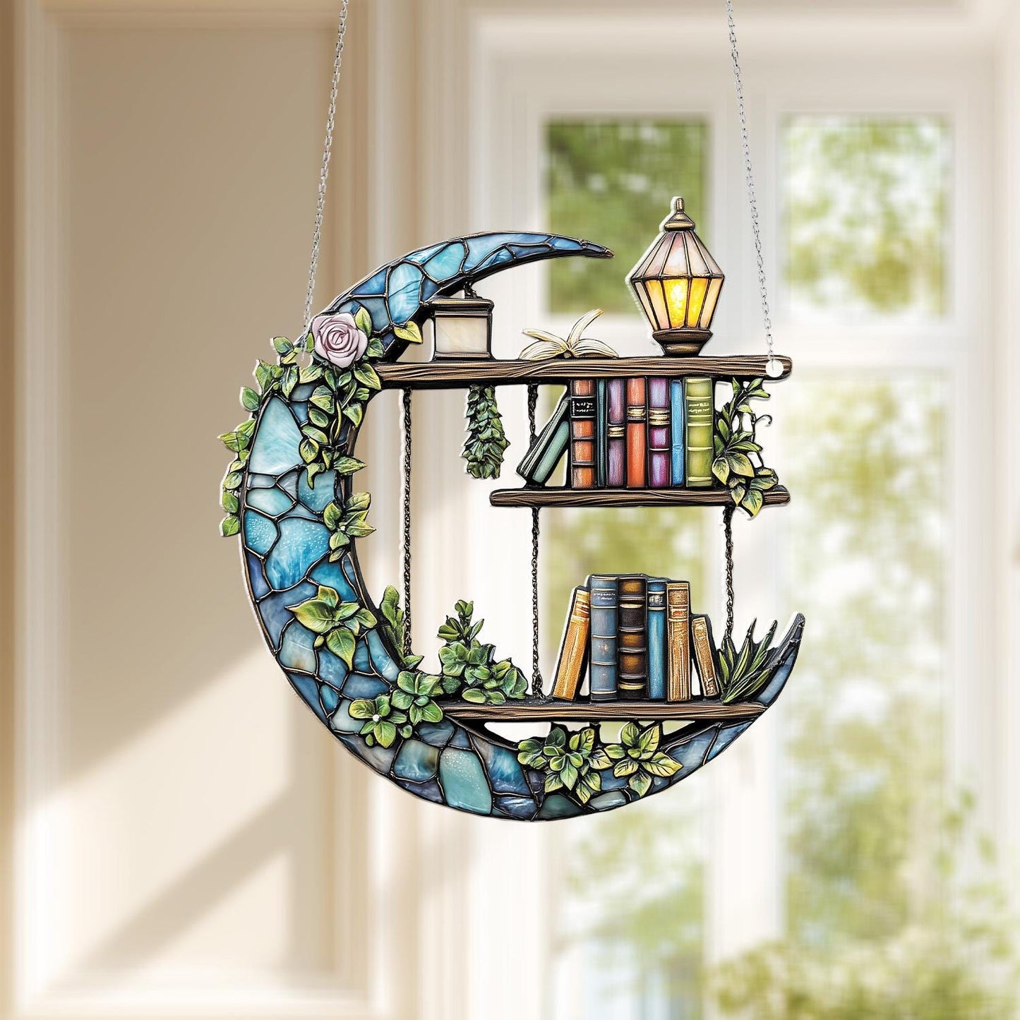 Crescent Moon Bookshelf Window Hanging Decoration with Lantern and Green Vines, Whimsical Home Décor Accent for Magical Reading Lovers