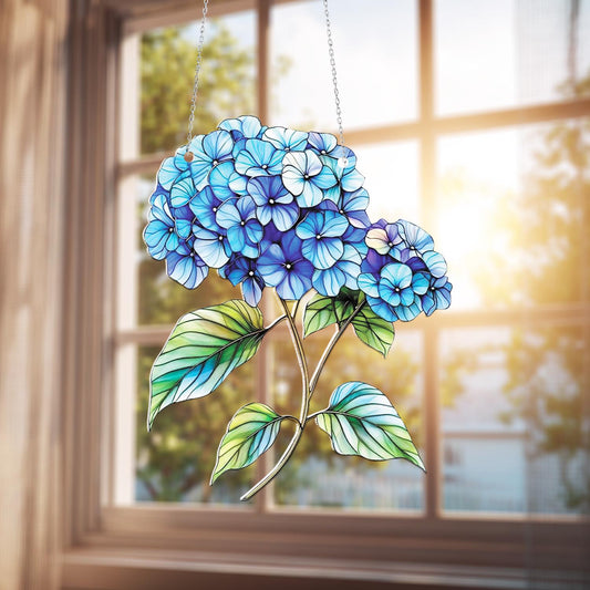 Blue Hydrangea Flower Window Hanging Decoration, Elegant Floral Home Décor Accent with Green Leaves for Fresh Botanical and Garden Style