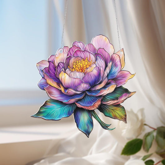 Peony Flower Window Hanging Decoration, Elegant Multicolor Floral Accent with Detailed Petals and Leaves for Botanical Home and Garden Style