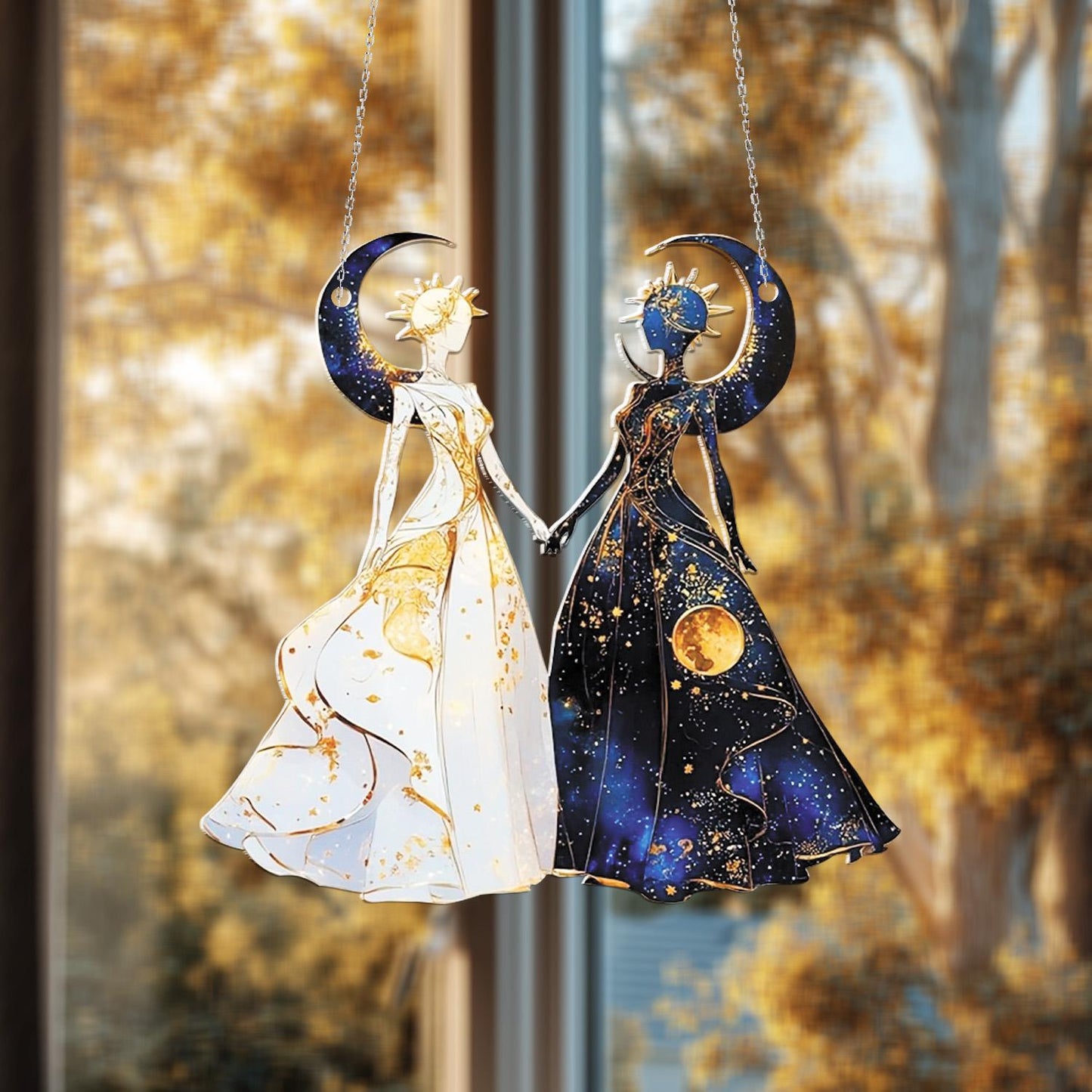 Sun and Moon Goddess Window Hanging Decoration, Celestial Duo Holding Hands in White and Dark Dresses for Mystical Home and Cosmic Décor