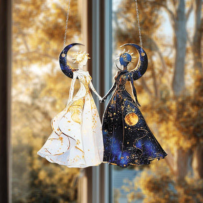 Sun and Moon Goddess Window Hanging Decoration, Celestial Duo Holding Hands in White and Dark Dresses for Mystical Home and Cosmic Décor