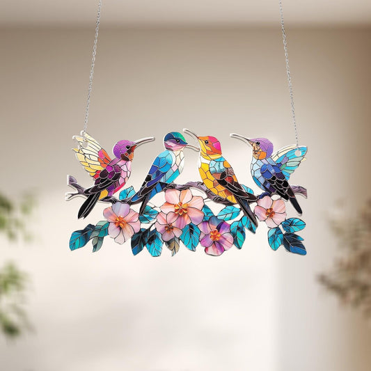Colorful Hummingbirds and Flowers Window Hanging Decoration, Vibrant Birds with Pink Blossoms for Nature Inspired Botanical Home Décor