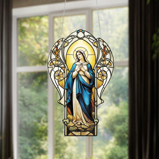 Virgin Mary Window Hanging Decoration, Sacred Religious Art Piece with Radiant Halo and Blue Robe for Spiritual Home, Christian Faith Décor