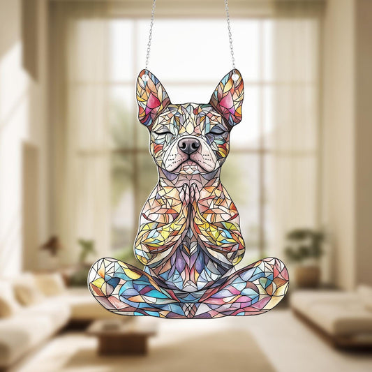 Meditating Dog Window Hanging Decoration, Colorful Puppy in Yoga Pose with Spiritual Zen Vibes for Whimsical Home and Animal Lover Décor