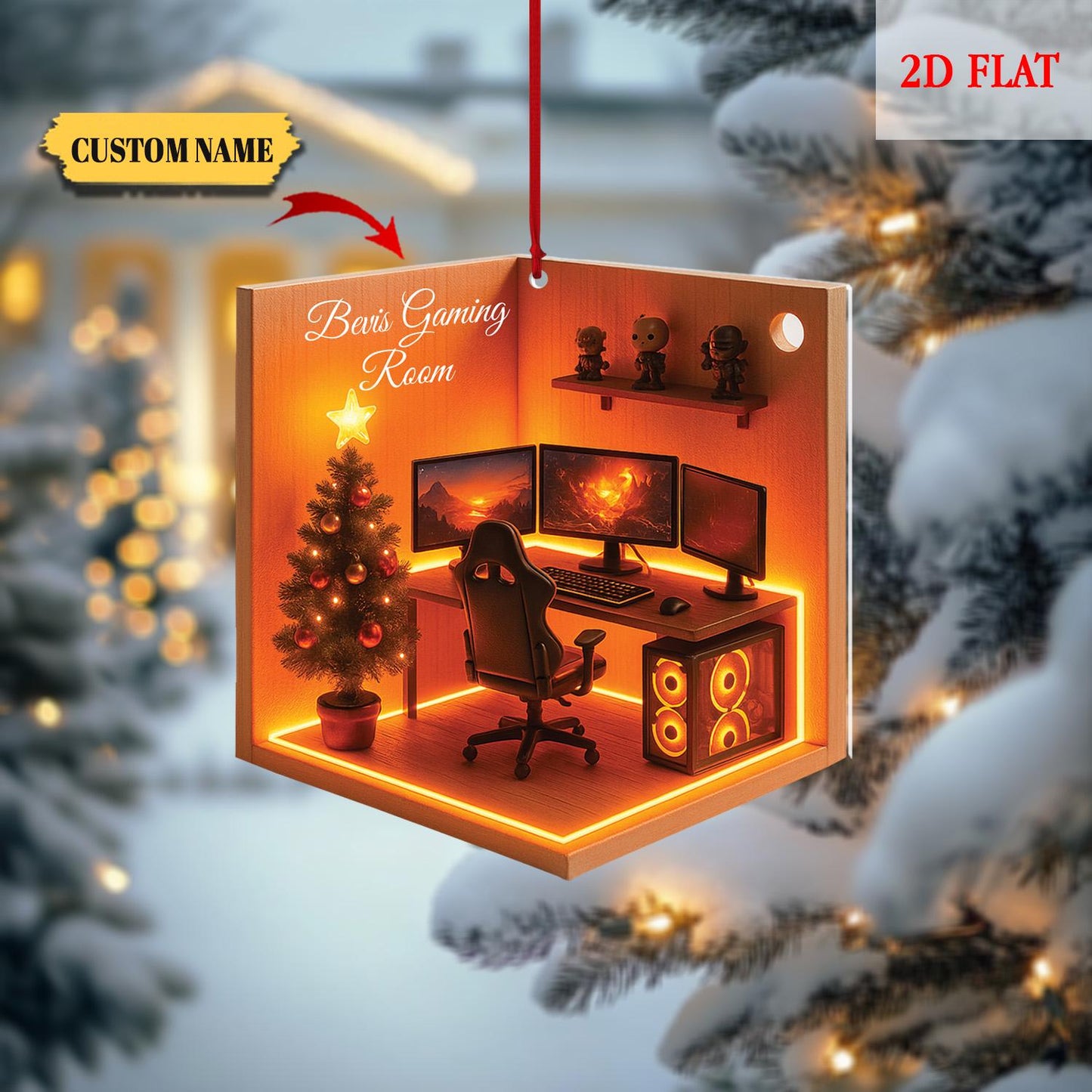 Personalized Name Dreamy Gaming Room 2D Flat Ornament, Gaming Christmas Ornament, Gift for Gamers, Christmas Gift, Gamer Room Decor