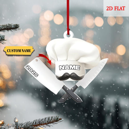 Custom Name Chef Ornament, Chef Hat Knife Accessories Christmas Tree Ornament Hanging Decoration House Xmas 2025, Gift For Cooking Lover