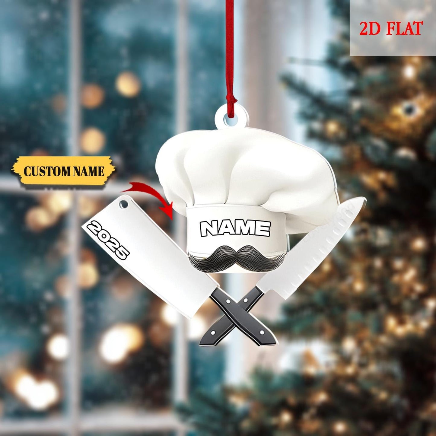 Custom Name Chef Ornament, Chef Hat Knife Accessories Christmas Tree Ornament Hanging Decoration House Xmas 2025, Gift For Cooking Lover