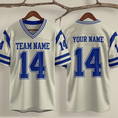 Custom America Team Football Jersey, White Blue Football Jersey With Team Name Number, America Football Jersey, Football Game Day Jersey