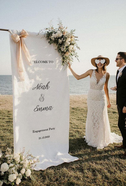 Personalized Wedding Welcome Sign, Engagement Party Banner, Custom Fabric Ceremony Sign, Rustic Outdoor Wedding Decor, Modern Linen Sign