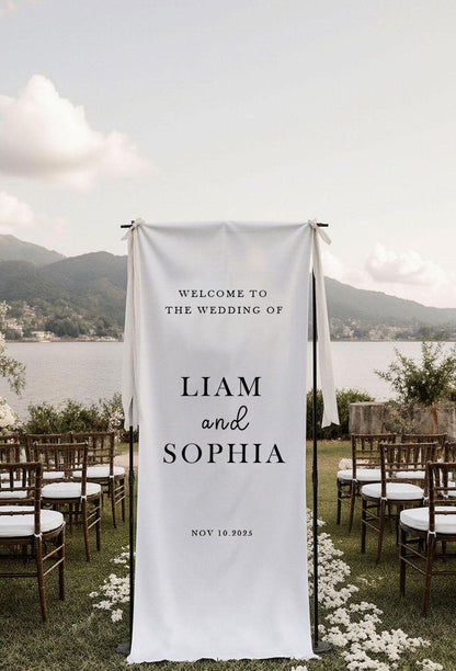 Custom Wedding Welcome Sign, Large Fabric Banner, Personalized Ceremony Sign, Modern Outdoor Wedding Decor, Rustic Linen Reception Sign