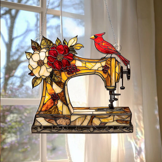 Sewing Machine Window Hanging with Red Cardinal and Floral Design – Decorative Sun Catcher, Vintage Style Home Decor, Unique Handmade Gift