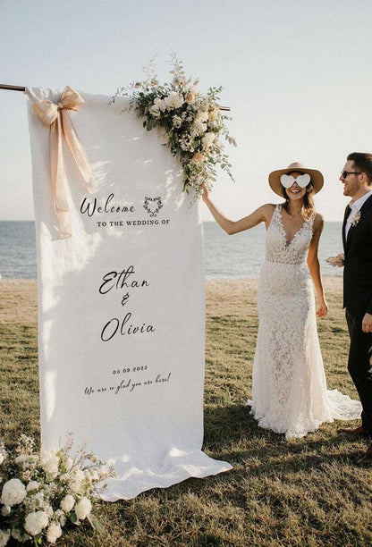 Personalized Wedding Welcome Sign, Large Fabric Banner, Custom Ceremony Sign, Rustic Linen Wedding Decor, Modern Outdoor Reception Banner