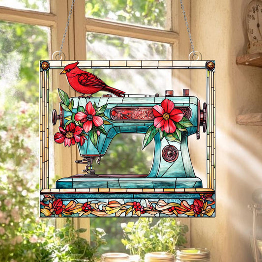 Sewing Machine Window Hanging with Red Cardinal and Floral Design – Decorative Suncatcher, Vintage Style Window Art, Unique Home Decor Gift