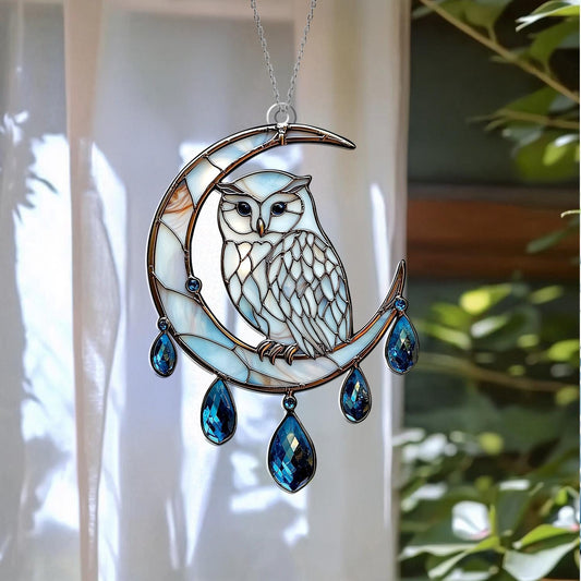 Owl on Crescent Moon Window Hanging with Sparkling Blue Crystal Drops – Decorative Window Ornament, Unique Gift for Home Decor